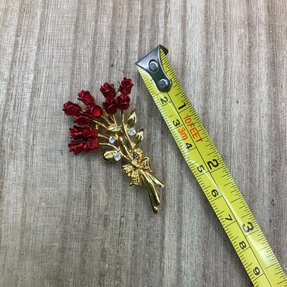Roses Dozen Vintage Red Gold Tone Rhinestone Brooch Pin - Picture 7 of 7